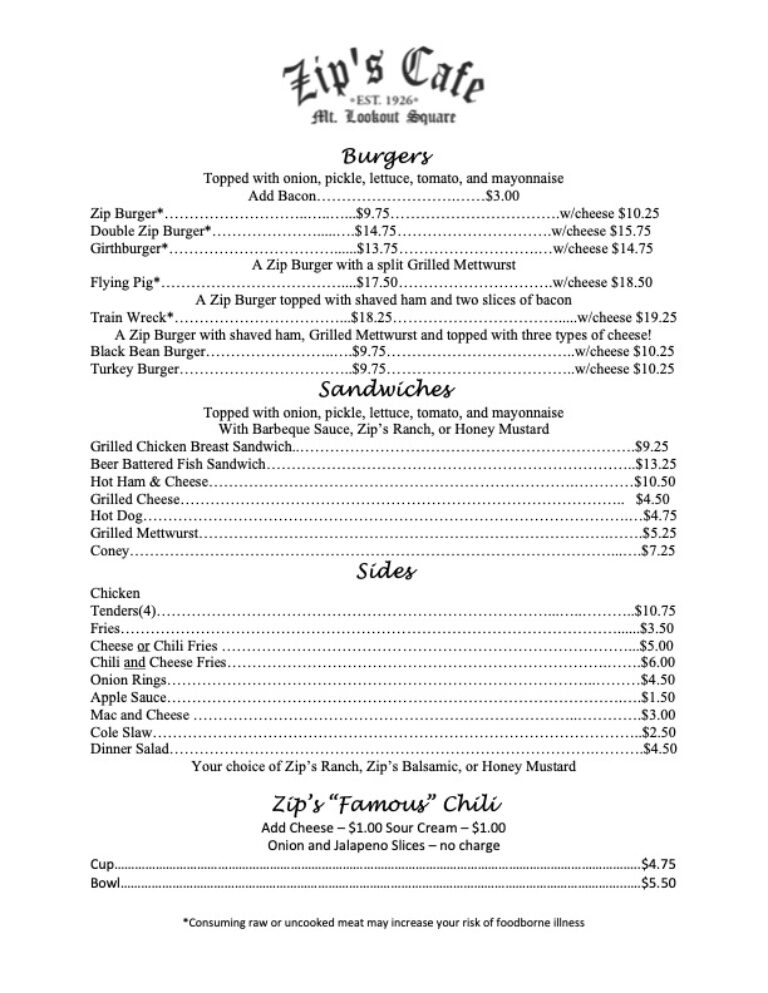 Menu Zip's Cafe